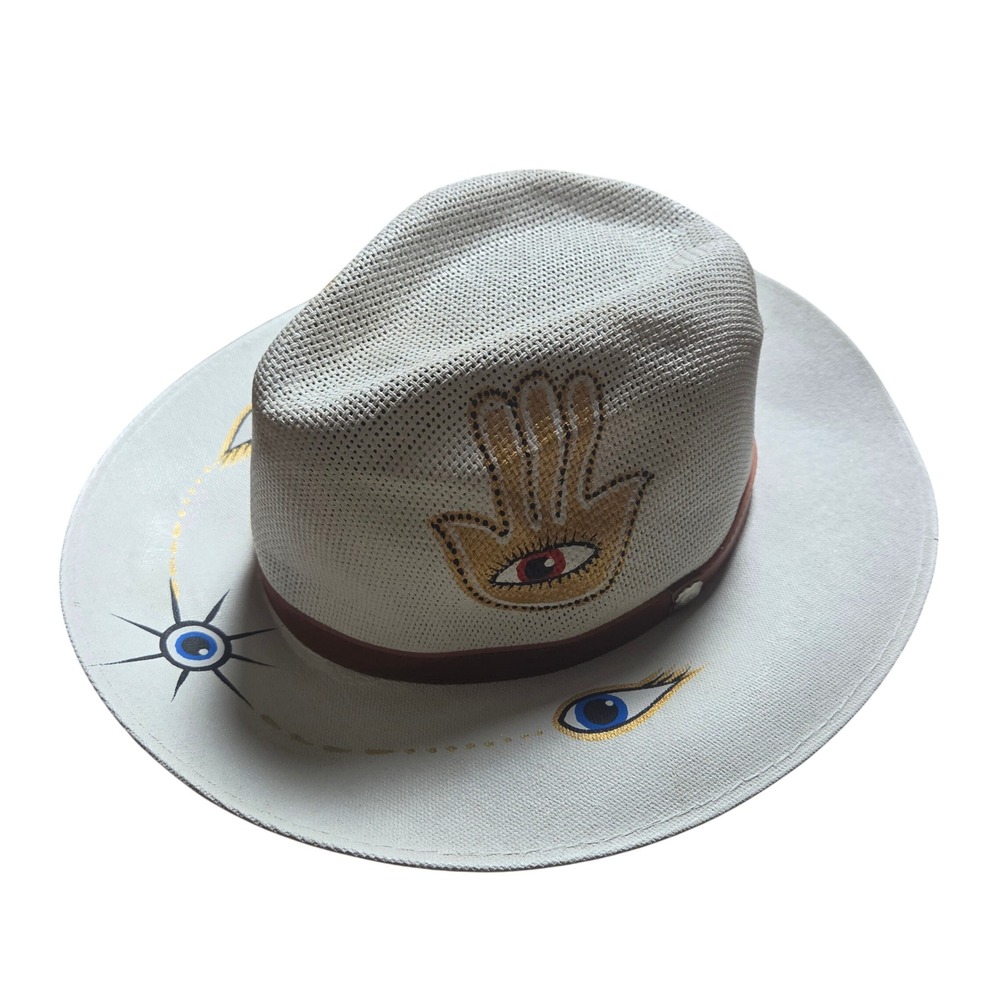 Mexican Artisanal Hand Painted Fedora Hat Hamsa Evil Eye Straw Mens L Cowboy